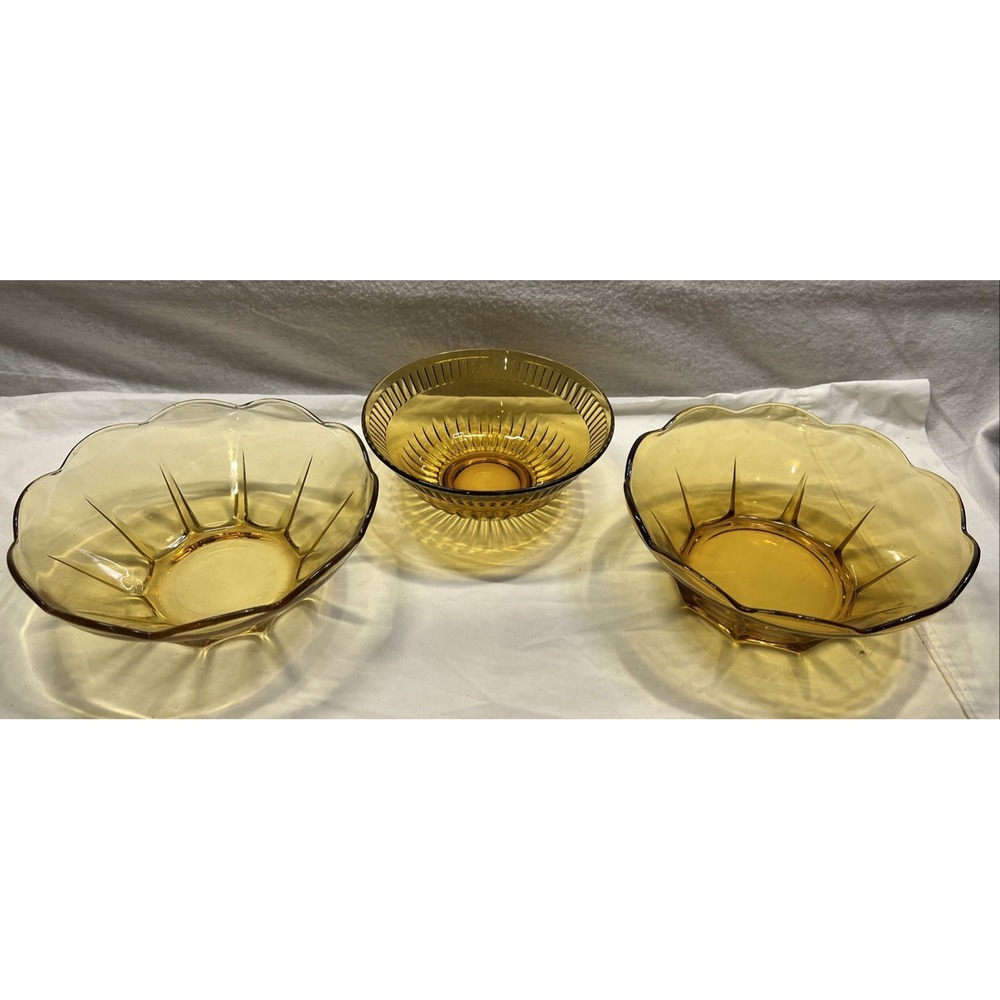 3 Bowls - 2 VTG Anchor Hocking Amber Bowls Scalloped, 1 VTG Amber Candy Dish